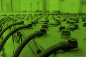 Monochrome photograph of a battery facility