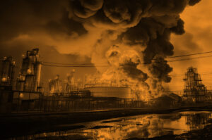 Dark smoke billowing from a fire at an oil refinery.