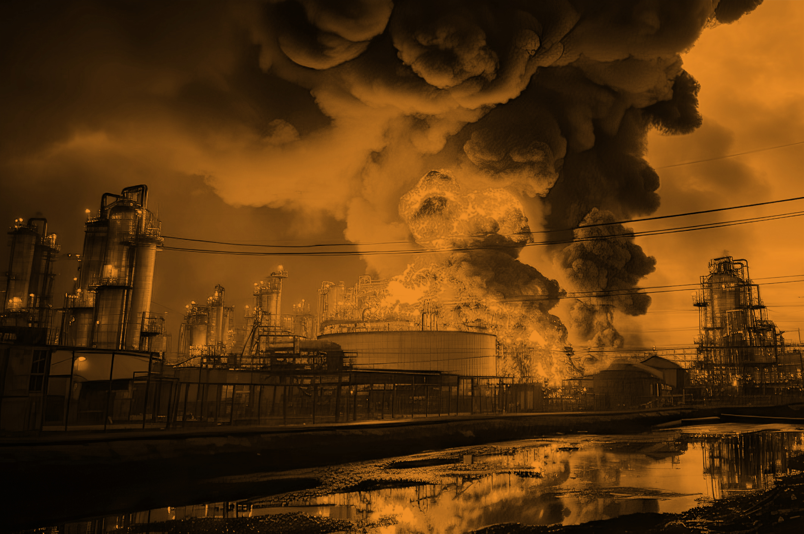 Dark smoke billowing from a fire at an oil refinery.